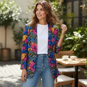 Vintage EVA Blue Pink Orange Tropical Lightweight Blazer Jacket Women Medium Y2K